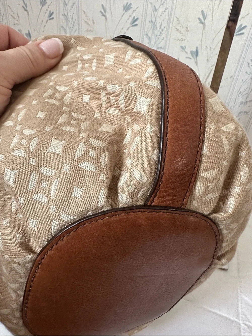 Fossil Beige Patterned Drawstring Bucket Bag with Brown Trim - Picture 11 of 16